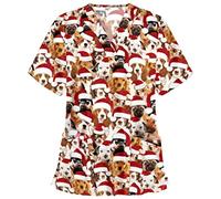 FeMereina Womens Christmas Scrubs Tops V-Neck Ultra Soft Santa Claus Print Short Sleeve Scrubs_Shirts with Pockets Christmas Nurses Top Tunic Uniform Blouse (Yellow, L)