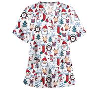 FeMereina Womens Christmas Scrubs Tops V-Neck Ultra Soft Santa Claus Print Short Sleeve Scrubs_Shirts with Pockets Christmas Nurses Top Tunic Uniform Blouse (White, XXXL)