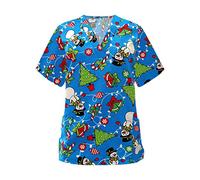 FeMereina Womens Christmas Scrubs_Tops V-Neck Ultra Soft Santa Claus Print Short Sleeve Scrubs_Shirts with Pockets (y4, M)