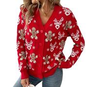 FeMereina Women's Christmas Sweater Cardigan Long Sleeve V Neck Button Up Elk Gingerbread Man Print Jumper Ugly Christmas Sweaters (Red, S)