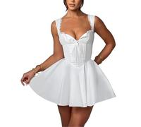 FeMereina Women's Corset Mini Dress Deep V Neck Backless Ruffle Hem Sleeveless A-Line Dress Low Cut Flare Flowy Skater Cami Dress