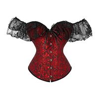 FeMereina Women's Corset Top with Lace Sleeve - Lace Up Bustier Boned Overbust Bodyshaper Lingerie Top (Dark Red, S)