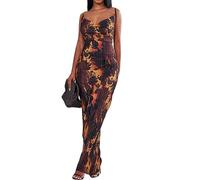 FeMereina Women's Cowl Neck Floral Midi Dress Sexy Spaghetti Strap Pleated Maxi Dresses Summer Sleeveless Slip Wedding Guest Dresses (Brown Orange Leaf, L)