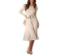 FeMereina Women's Crew Neck Knitted Pullover Sweater Dress Long Sleeve Belt Bodycon Dress Wrap Knitted Dress Fall Solid Color Midi Dresses (Apricot#1, M)