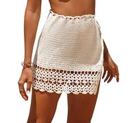 FeMereina Women's Crochet Cover Up Skirt Tassel Knit Mini Beach Cover Up High Waist Split Knit Mesh Cover Up (White, M)
