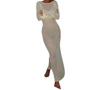 FeMereina Womens Crochet Cover Ups Long Sleeve Sexy Mesh Backless Knit Swimsuit Coverup Beach Maxi Dress (Yellow, S)