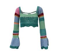FeMereina Women's Crochet Knit Cropped Sweater Square Neck Mesh Long Sleeve Hollow Out Pullover Crop Tops Color Block Jumper Tops Streetwear