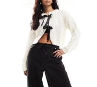 FeMereina Womens Cropped Cable Knit Cardigan Sweaters Long Sleeve Bow Tie Front Crew Neck Chunky Sweater Tops (White, M)