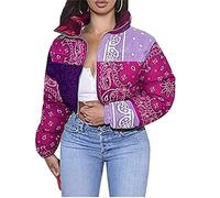 FeMereina Women's Cute Stand Collar Short Puffer Jackets Paisley Quilted Bandana Printed Puffer Crop Zip Up Bubble Coat (Purple, Medium)