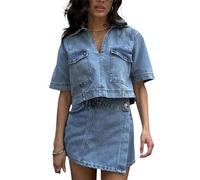 FeMereina Women's Denim Outfits Sets 2 Piece V Neck Short Sleeve Tunic Top Pullover High Waisted Jean Skorts Skirts Set (Blue, S)