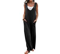 FeMereina Women's Dungarees Casual Loose Long Wide Leg Overalls Baggy Cotton Linen Rompers Suspender Bib Overalls Jumpsuits with Pockets (X-Black, S)