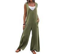 FeMereina Women's Dungarees Casual Loose Long Wide Leg Overalls Baggy Cotton Linen Rompers Suspender Bib Overalls Jumpsuits with Pockets (X-Green, L)