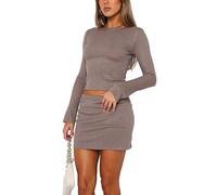 FeMereina Women's Fall 2 Piece Outfits Tracksuit Rib Knit Long Sleeve Crop Tops And Slit Mini Bodycon Skirt Sets Loungewear (Brown, S)