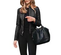 FeMereina Women's Faux Leather Jacket, Slim Moto Biker Jacket Outerwear, Long Sleeve Zipper Short Jacket Motocross Racer Jacket PU Moto Biker Outwear Coat (Black, S)