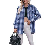 FeMereina Womens Flannel Plaid Shirts Oversized Button Down Lapel Collar Color Block Long Sleeve Shirts Blouse Tops (z-Blue, XXL)