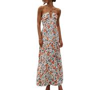 FeMereina Women's Floral Halter Deep V Neck Tie Open Back Long Dress Elegant Sleeveless Backless Beach Ruffle Maxi Dress Bohemian A Line Swing Dress