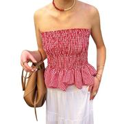 FeMereina Women's Frill Shirred Ruffle Hem Strapless Plaid Print Tube Top Sleeveless Pleated Peplum Bandeau Blouse (Red, M)