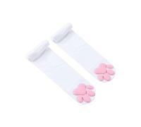 FeMereina Women's Girls Thigh High Socks Cute Cat Paw Pad Stockings 3D Kawaii Kitten Claw Tight Over-Knee Socks (White w/Pink Paw)