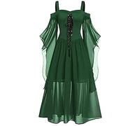 FeMereina Women's Gothic Punk Dress with Cold Shoulder & Butterfly Sleeve - Lace Up Gothic Halloween Party Dress (Green, Large)