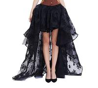 FeMereina Womens Gothic Tulle Tutu Long Skirt High Waist Mesh Embroidery Ruffle Skirts High Low Ruffles Wedding Puffy Maxi Dress (Black, Small)