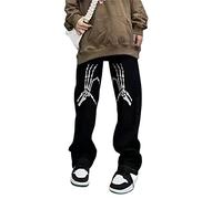 FeMereina Women's Halloween Skeleton Spider Printed Jeans Wide Leg Zipper Denim Pants Y2K Letters Print Goth Harajuku Trousers Vintage Streetwear (Black Hand Skeleton, Medium)