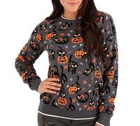 FeMereina Women's Halloween Sweaters Cute Pumpkin Cat Print Long Sleeve Round Neck Pullover Casual Knit Jumper Tops (Grey, S)