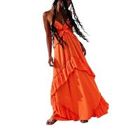 FeMereina Women's Halter Neck Cami Long Dress Elegant V Neck Flowy A Line Maxi Dress Sleeveless Backless Layered Ruffles Swing Dress