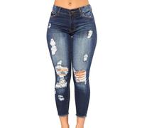 FeMereina Womens High Waist Denim Jeans Shaping Legs Distressed Boot Cut Ripped Trendy Cropped Cargo Skinny Stretch Pants (Dark Blue, S)