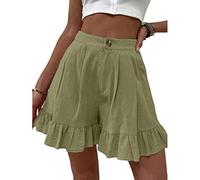 FeMereina Women's High Waisted Flare Shorts Summer Casual Ruffle Hem Linen Shorts Wied Leg Beach Pants with Pockets (Army Green, Large)