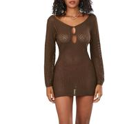 FeMereina Women's Knit Crochet Mini Dress Long Sleeve Solid Color V-Neck Cutout Front Backless Dress Mesh Cover Ups Sweater Dress (Coffee, L)