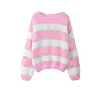 FeMereina Women's Knit Striped Sweater Oversized Color Clock Long Sleeve Crewneck Pullover Jumpers Cute Trendy Sweater (Light Pink, S)