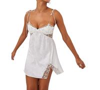 FeMereina Women's Lace Trim Sleeveless Sling Dress Spaghetti Straps Backless Lace Cute Fairy Slit Mini Dress V Neck Short Bodycon Dress (White, S)
