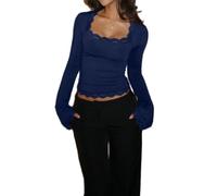 FeMereina Women's Lace Trim Square Neck T Shirt Y2K Long Flare Cuff Sleeve Basic Tops Slim Fit Base Layer Blouse Shirts (Blue, M)