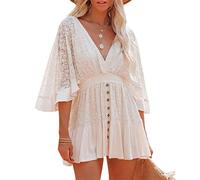 FeMereina Women's Lace V Neck Mini Dresses Batwing Sleeve Backless Crochet Ruffle Mini Stylish Lace Crochet Short Skirt (White, XL)