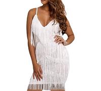 FeMereina Women's Layered Fringe Deep V Neck Cami Mini Dress Sleeveless Tassels Flapper Dresses Sparkly Fringe Latin Dresses (White, L)
