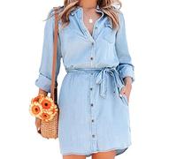 FeMereina Women's Long Sleeve Blouse Jean Dress Denim Shirt Dresses Button Down Chambray Waist Ties Tunic Mini Dress with Pockets (Light Blue, Large)
