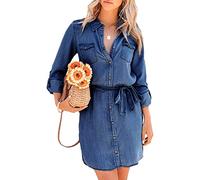 FeMereina Women's Long Sleeve Blouse Jean Dress Denim Shirt Dresses Button Down Chambray Waist Ties Tunic Mini Dress with Pockets (Dark Blue, Small)
