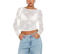 FeMereina Women's Long Sleeve Floral Lace Crop Top Sheer Mesh Blouse See Through Backless Tops Open Back Slim Going Out Tops (White, S)