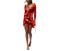FeMereina Women's Long Sleeve Ruffle Trim Bodycon Dress Solid Color Front Tie-Up Low-Cut Ruffles Cocktail Dress V Neck Mesh See Through Party Club Mini Dress