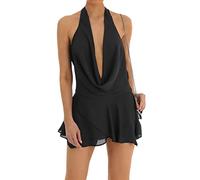 FeMereina Women's Long Sleeve Ruffle Trim Bodycon Dress Solid Color Front Tie-Up Low-Cut Ruffles Cocktail Dress V Neck Mesh See Through Party Club Mini Dress (z-Black, S)