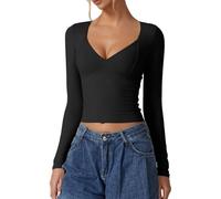 FeMereina Women's Long Sleeve V Neck T Shirts Double Lined Crop Top Seamed Cup Going Out Tops (Black, M)