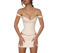 FeMereina Women's Off Shoulder Short Sleeve Asymmetrical Hem Ruched Corset Crop Top Slim Fit Satin Silk Boned Bustier (Beige, L)
