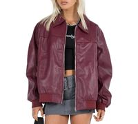 FeMereina Womens Oversized Leather Jackets Faux Casual Zip Up Trendy Bomber Motorcycle Jacket with Pockets (Red, L)