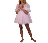 FeMereina Women's Puff Sleeve Tulle Princess Dress Off Shoulder Square Collar Mini Dress Puffy Mesh Party Prom Evening Dress (Pink, XL)