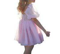 FeMereina Women's Puff Sleeve Tulle Princess Dress Solid Color Square Neck Bubble Sleeve Summer Ruffle Mesh Party Prom Mini Fairy Dress (Pink, Small)