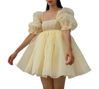 FeMereina Women's Puff Sleeve Tulle Princess Dress Solid Color Square Neck Bubble Sleeve Summer Ruffle Mesh Party Prom Mini Fairy Dress (Yellow, Small)