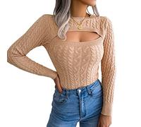 FeMereina Womens Ribbed Knit Cut Out Sweaters Jumper Slim Fit Crop Top Pullovers Cable Knitted Crewneck Sweater Tops (Khaki, M)