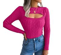 FeMereina Womens Ribbed Knit Cut Out Sweaters Jumper Slim Fit Crop Top Pullovers Cable Knitted Crewneck Sweater Tops (Red, L)