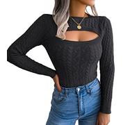 FeMereina Womens Ribbed Knit Cut Out Sweaters Jumper Slim Fit Crop Top Pullovers Cable Knitted Crewneck Sweater Tops (Black, M)