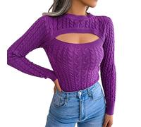 FeMereina Womens Ribbed Knit Cut Out Sweaters Jumper Slim Fit Crop Top Pullovers Cable Knitted Crewneck Sweater Tops (Purple, M)